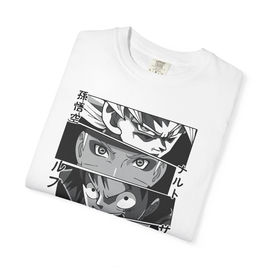Anime Eyes Panel T-Shirt — Monochrome Shonen Character Collage