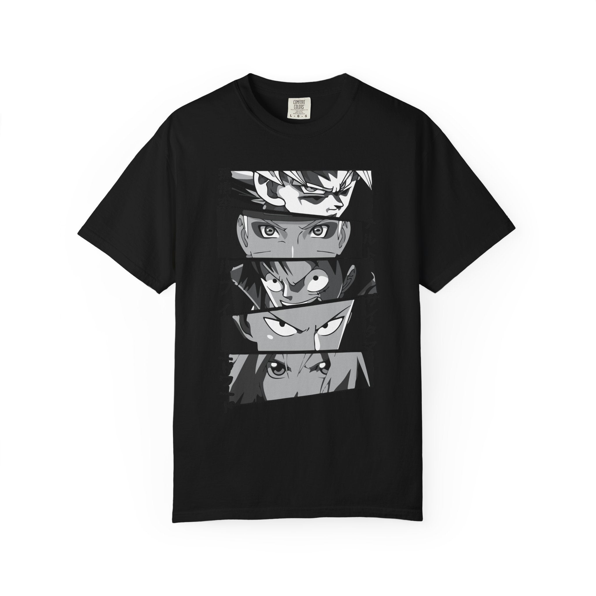 Anime Eyes Panel T-Shirt — Monochrome Shonen Character Collage