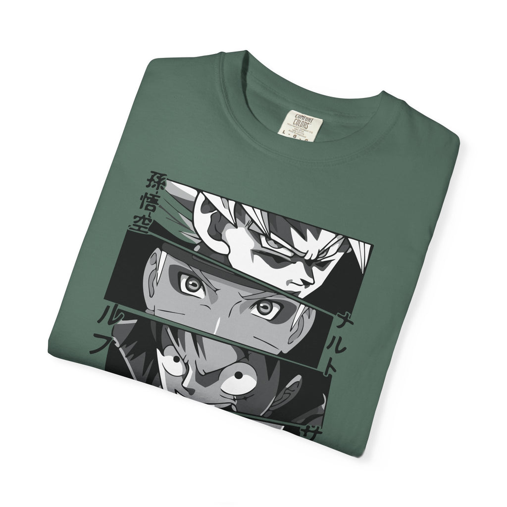 Anime Eyes Panel T-Shirt — Monochrome Shonen Character Collage