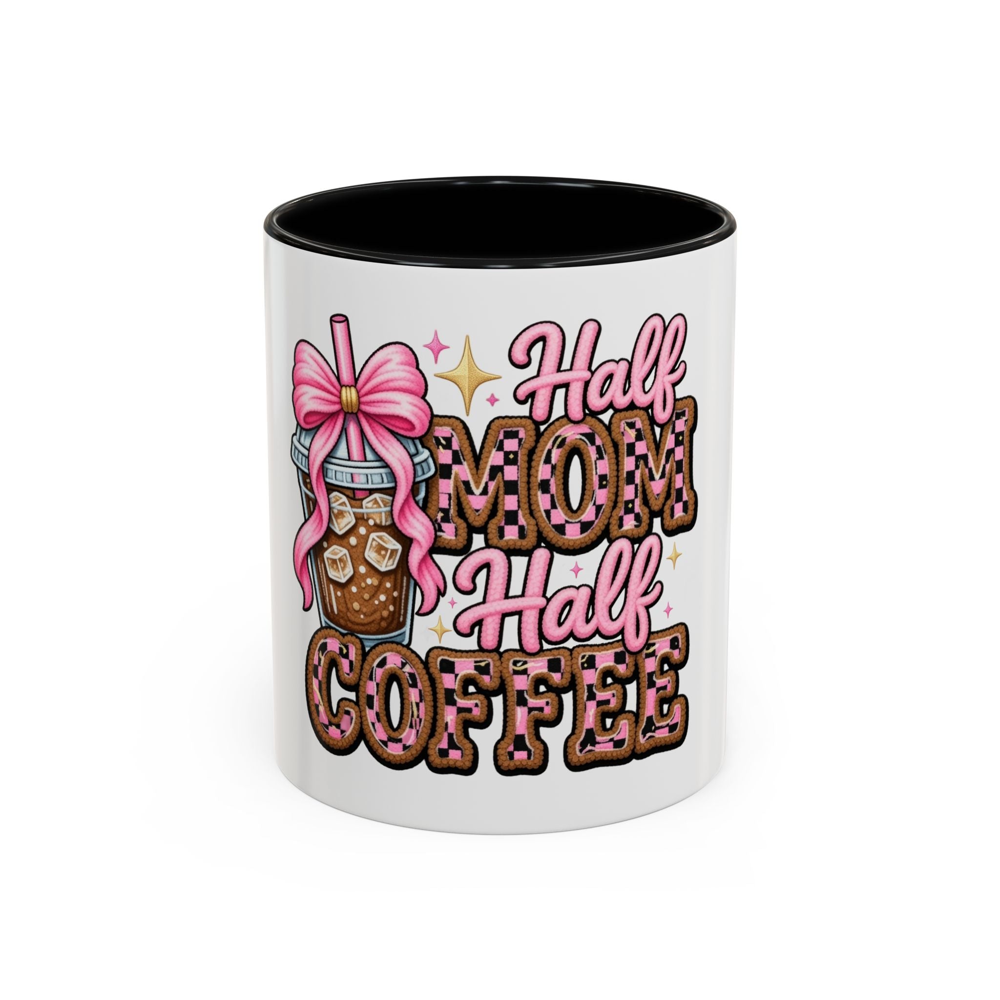Half Mom Half Coffee Accent Mug — Cute Pink Leopard Iced Coffee Gift for Moms (11/15oz)