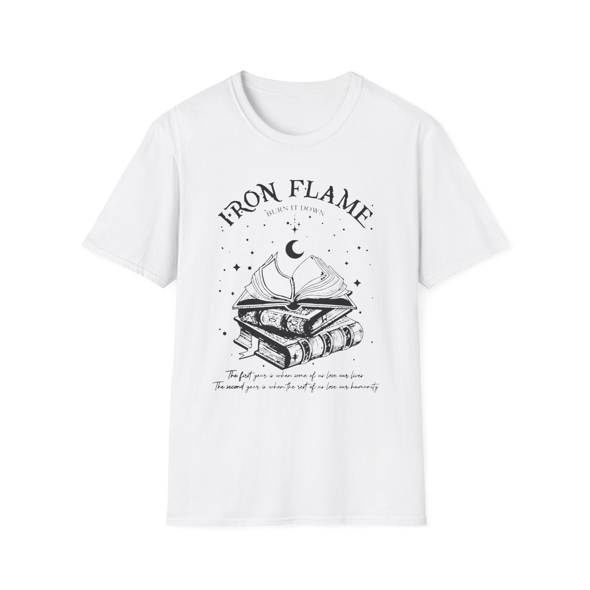 T-Shirt — ‘Iron Flame’ Vintage Bookstack Moon Graphic Tee