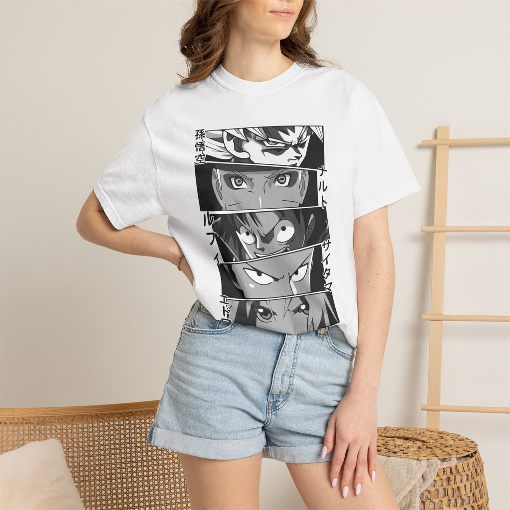 Anime Eyes Panel T-Shirt — Monochrome Shonen Character Collage
