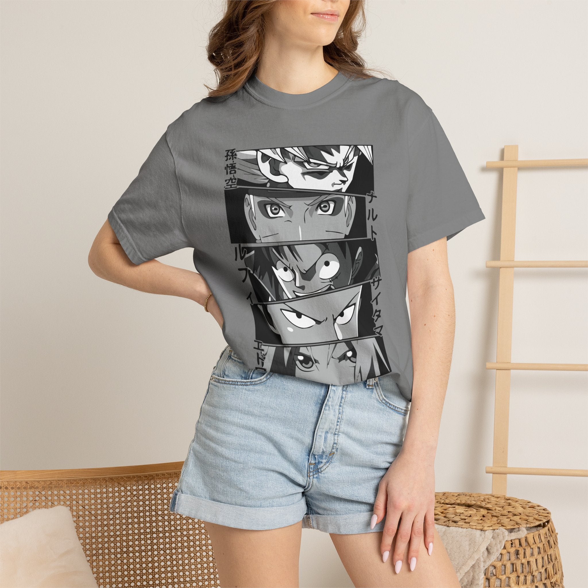 Anime Eyes Panel T-Shirt — Monochrome Shonen Character Collage