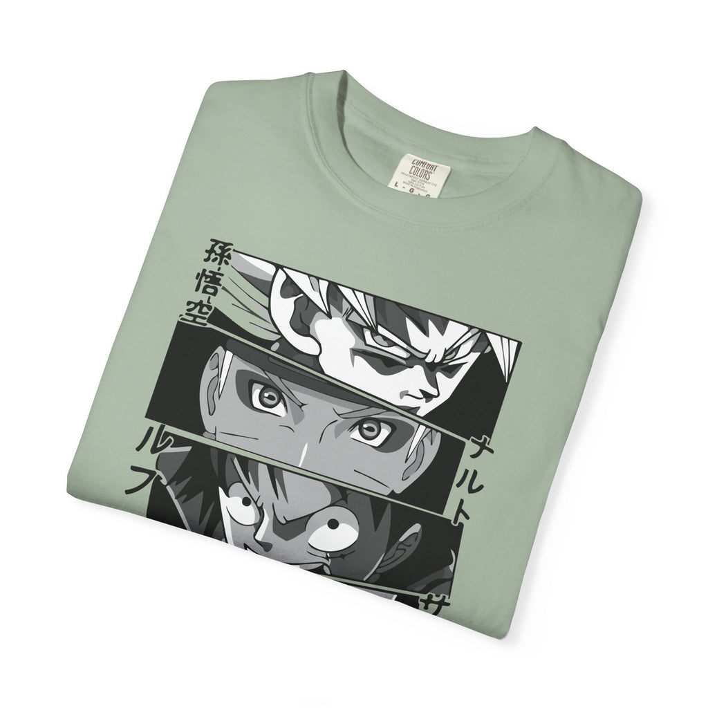 Anime Eyes Panel T-Shirt — Monochrome Shonen Character Collage