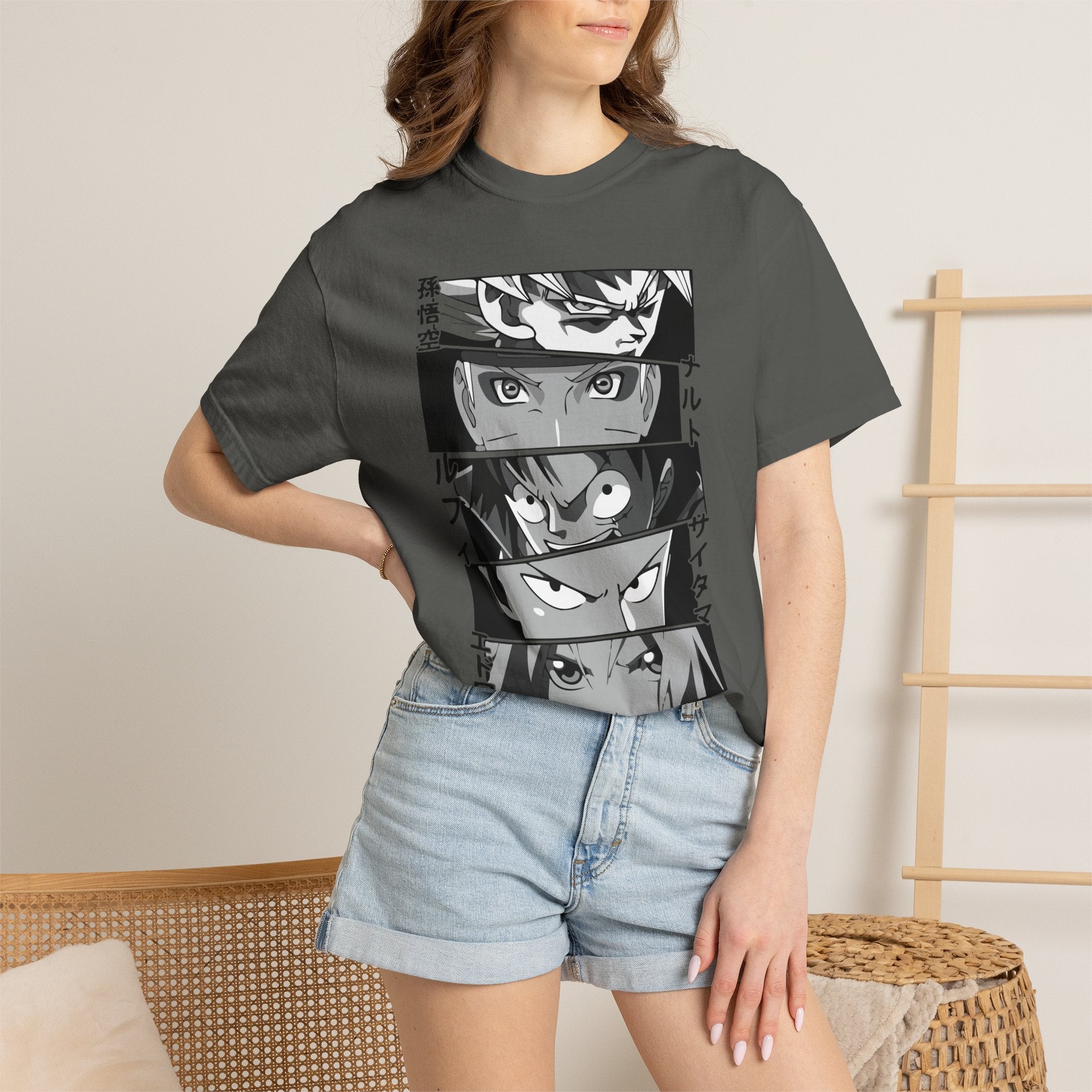 Anime Eyes Panel T-Shirt — Monochrome Shonen Character Collage