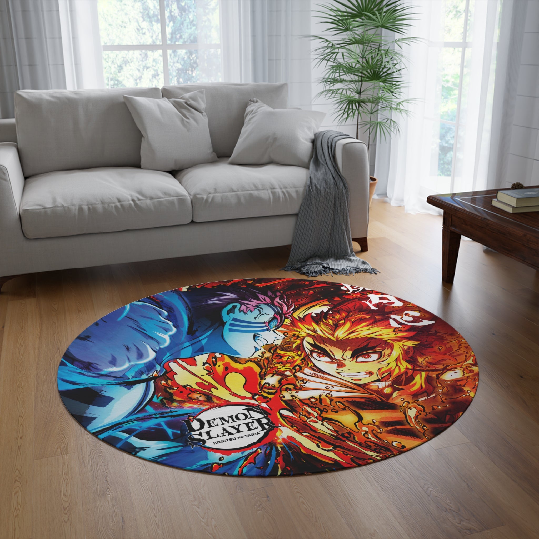 Demon Slayer Round Rug — Rengoku vs Akaza Anime Floor Mat
