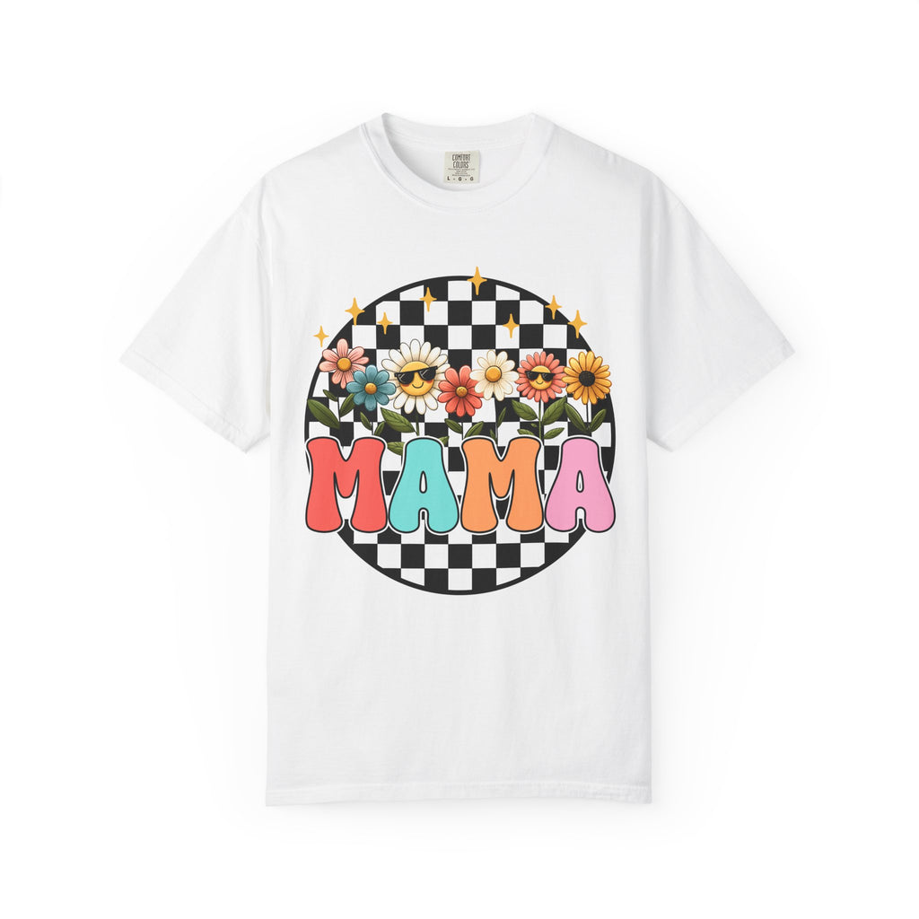 Mama Floral Checkerboard T-Shirt — Retro Sunflower Mom Tee (Mother's Day Gift)