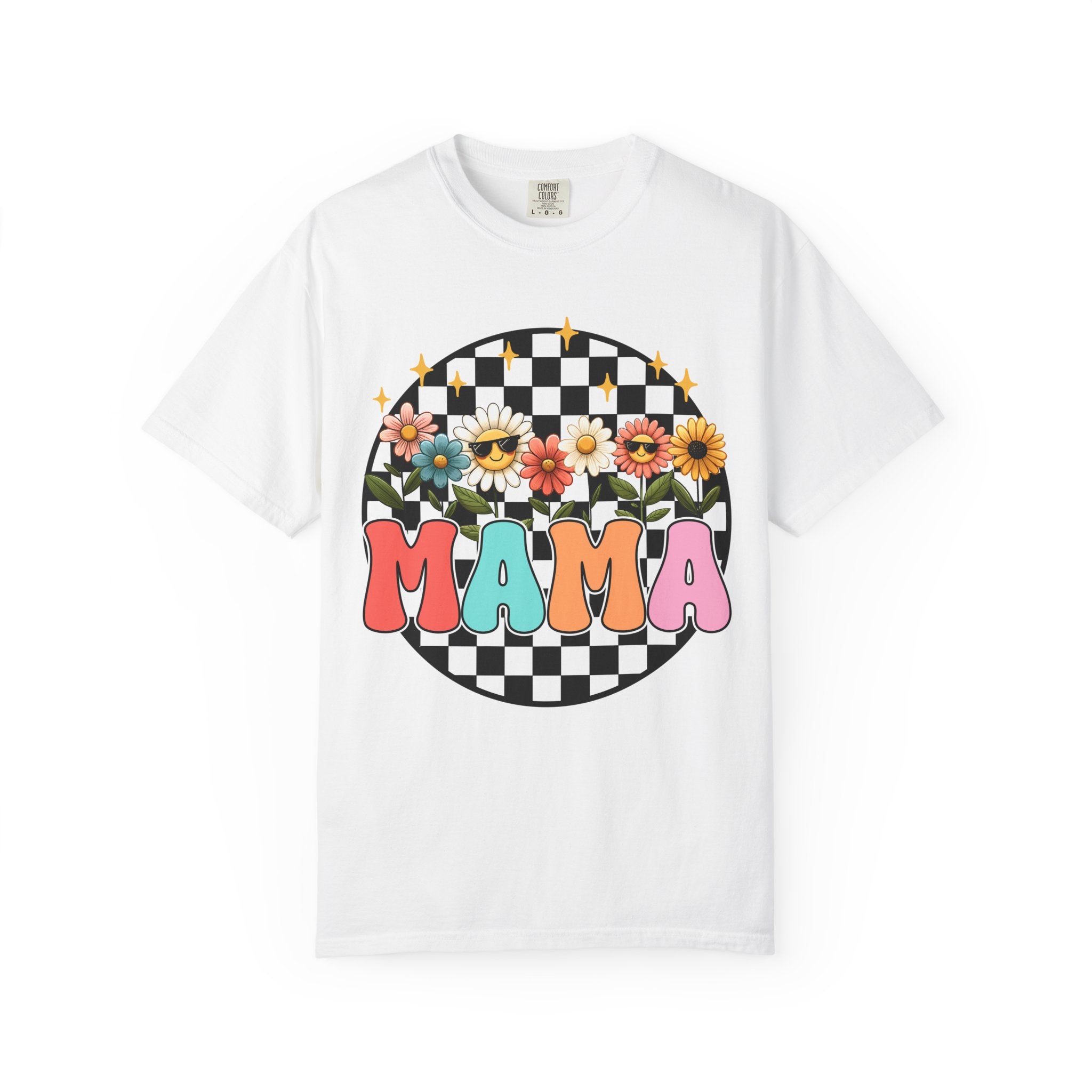 Mama Floral Checkerboard T-Shirt — Retro Sunflower Mom Tee (Mother's Day Gift)