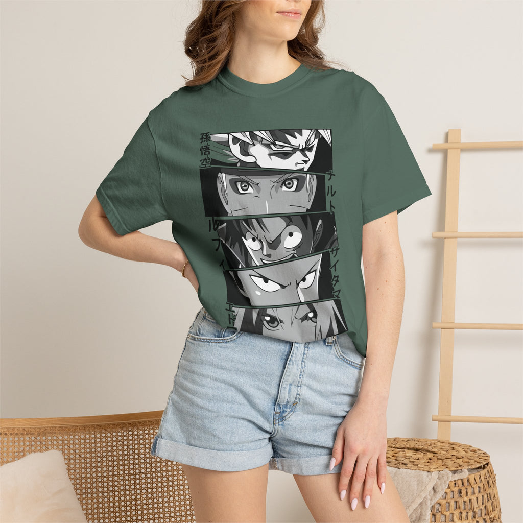 Anime Eyes Panel T-Shirt — Monochrome Shonen Character Collage
