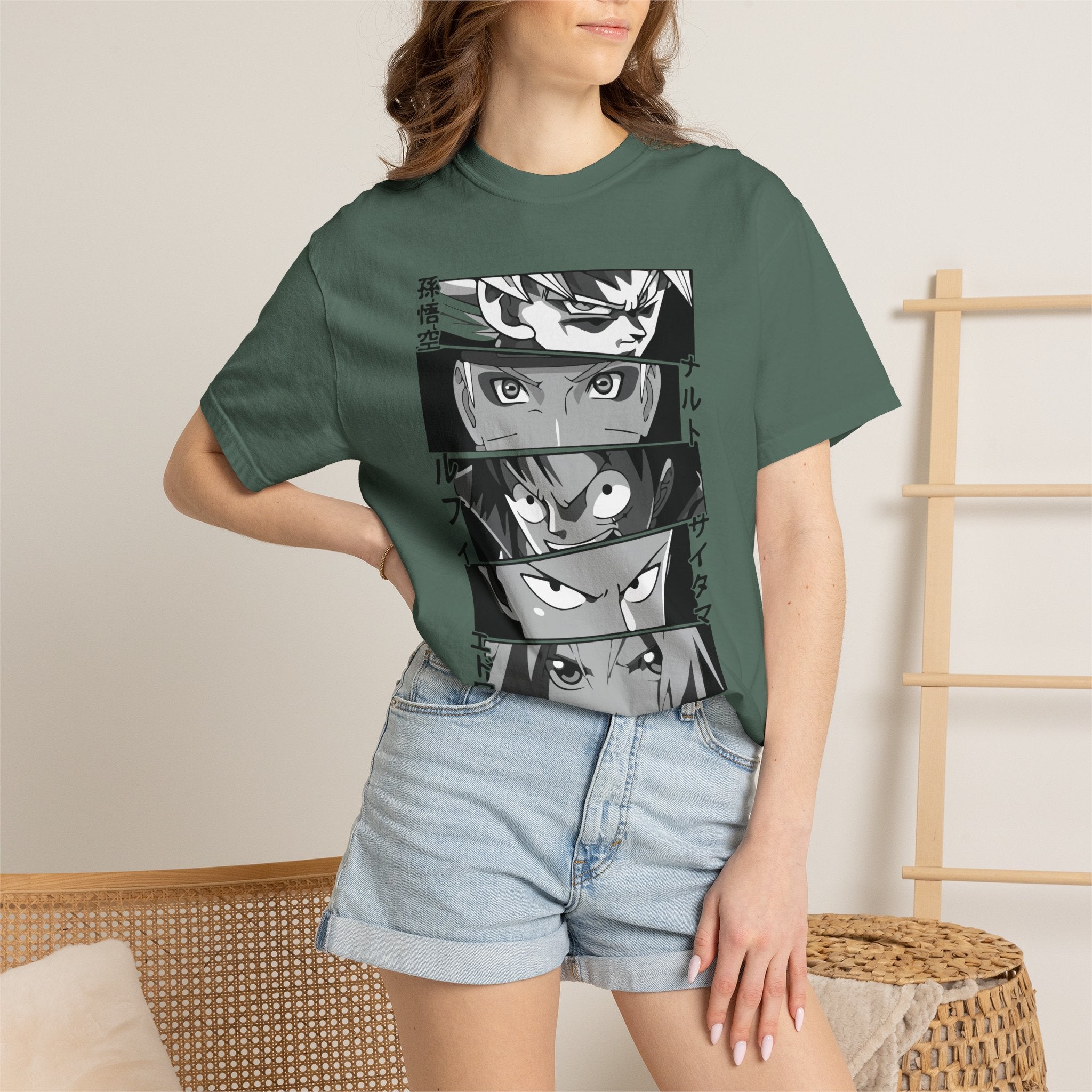 Anime Eyes Panel T-Shirt — Monochrome Shonen Character Collage