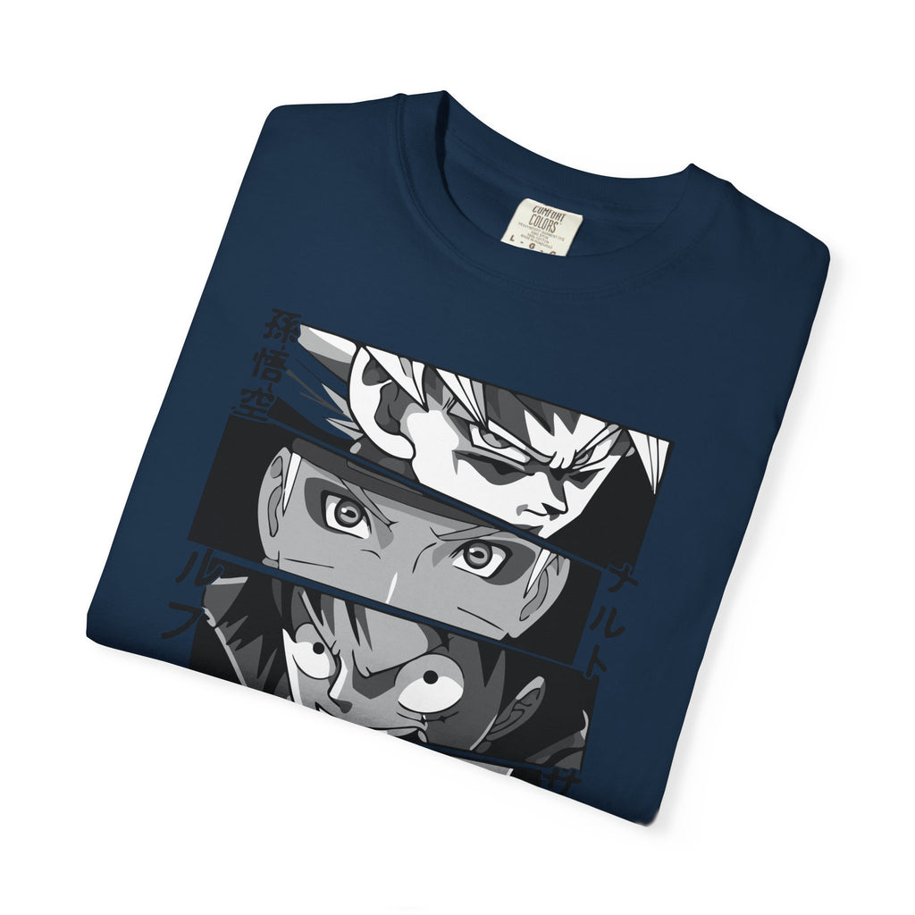 Anime Eyes Panel T-Shirt — Monochrome Shonen Character Collage