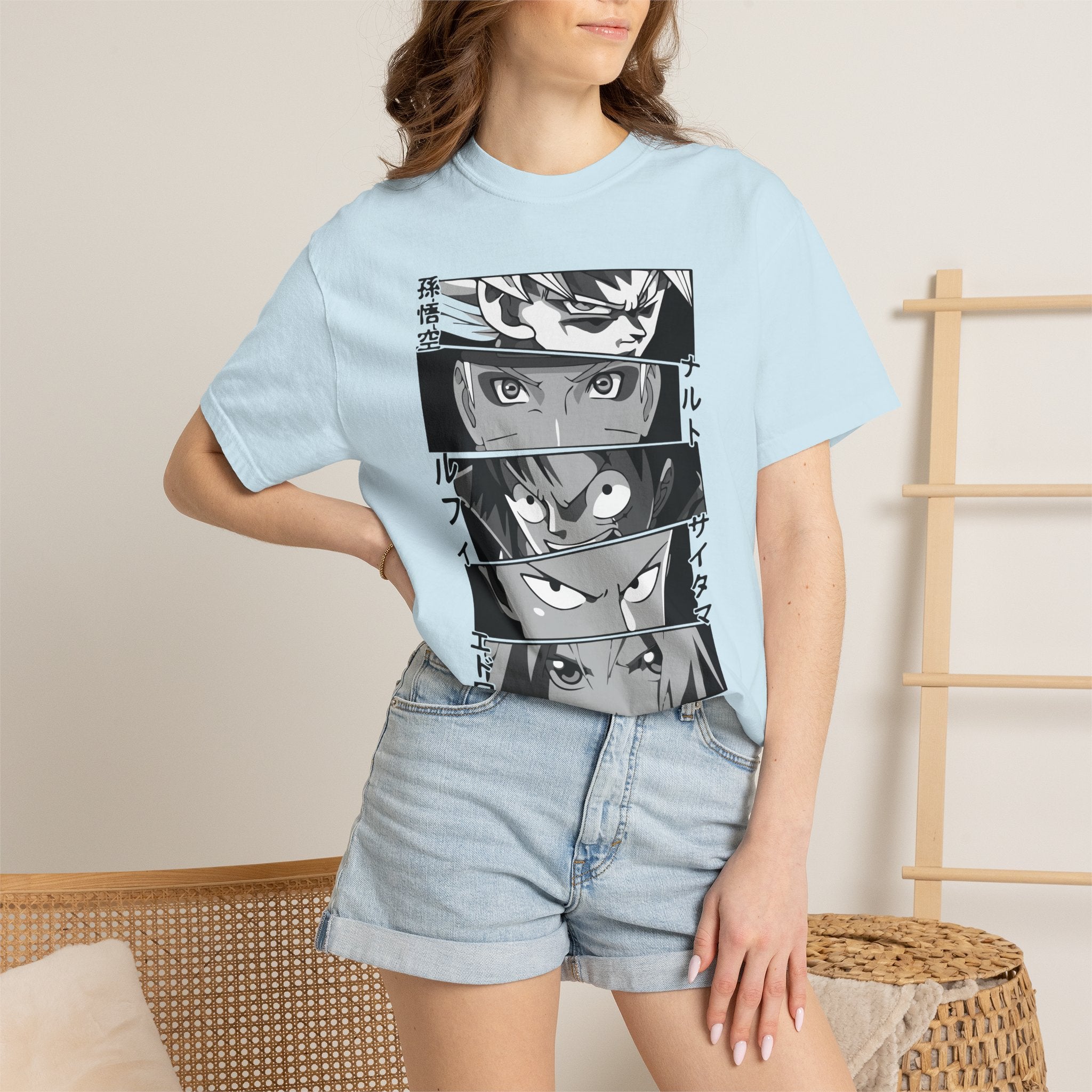 Anime Eyes Panel T-Shirt — Monochrome Shonen Character Collage