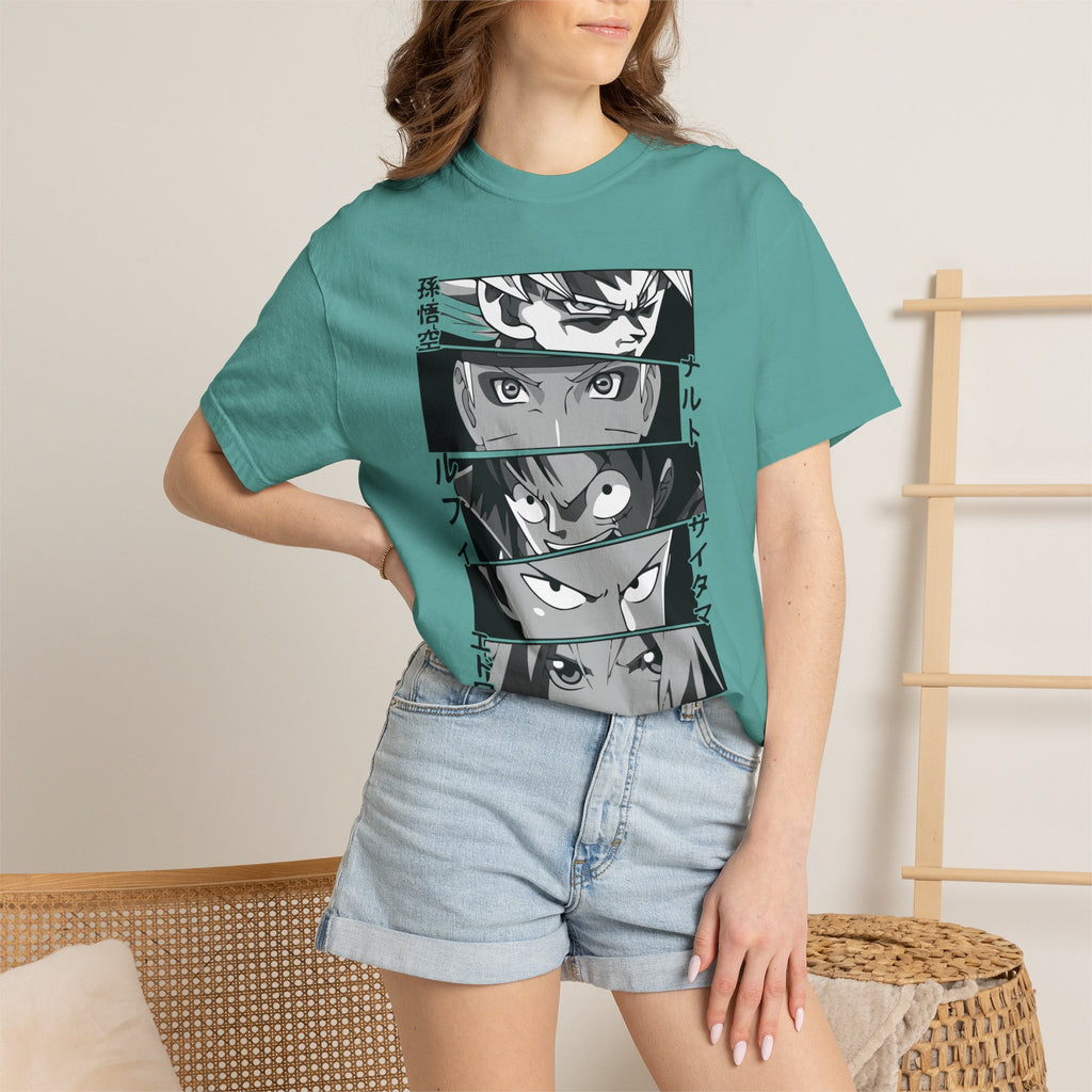 Anime Eyes Panel T-Shirt — Monochrome Shonen Character Collage