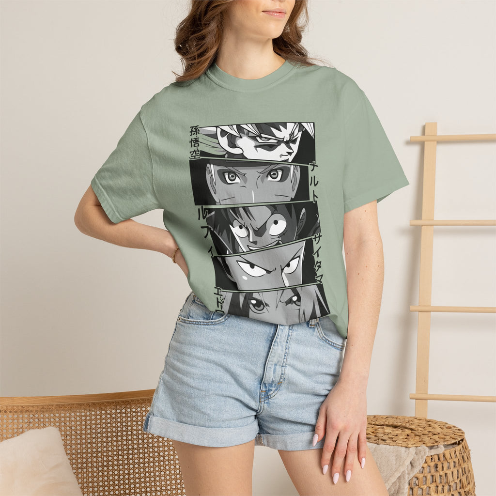 Anime Eyes Panel T-Shirt — Monochrome Shonen Character Collage