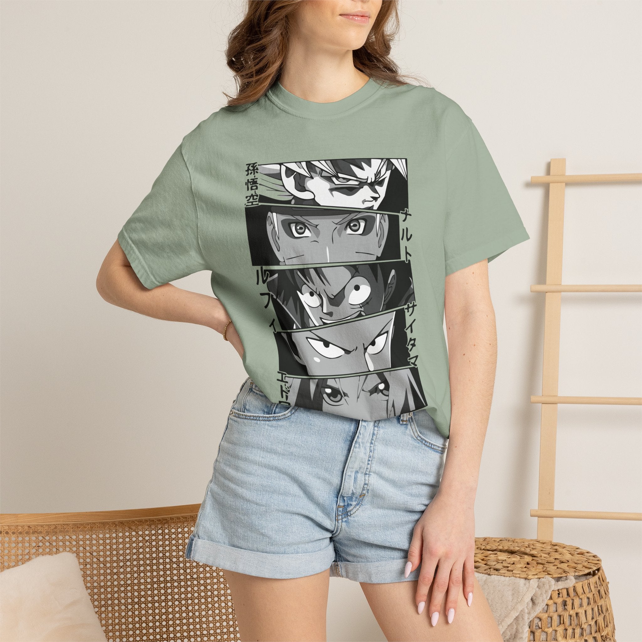 Anime Eyes Panel T-Shirt — Monochrome Shonen Character Collage