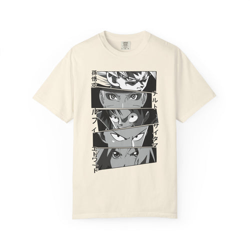 Anime Eyes Panel T-Shirt — Monochrome Shonen Character Collage