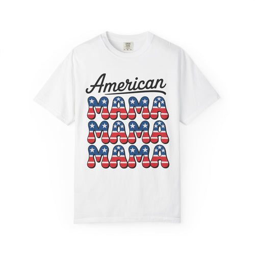 American Mama T-Shirt — Patriotic 4x "MAMA" Retro Flag Design
