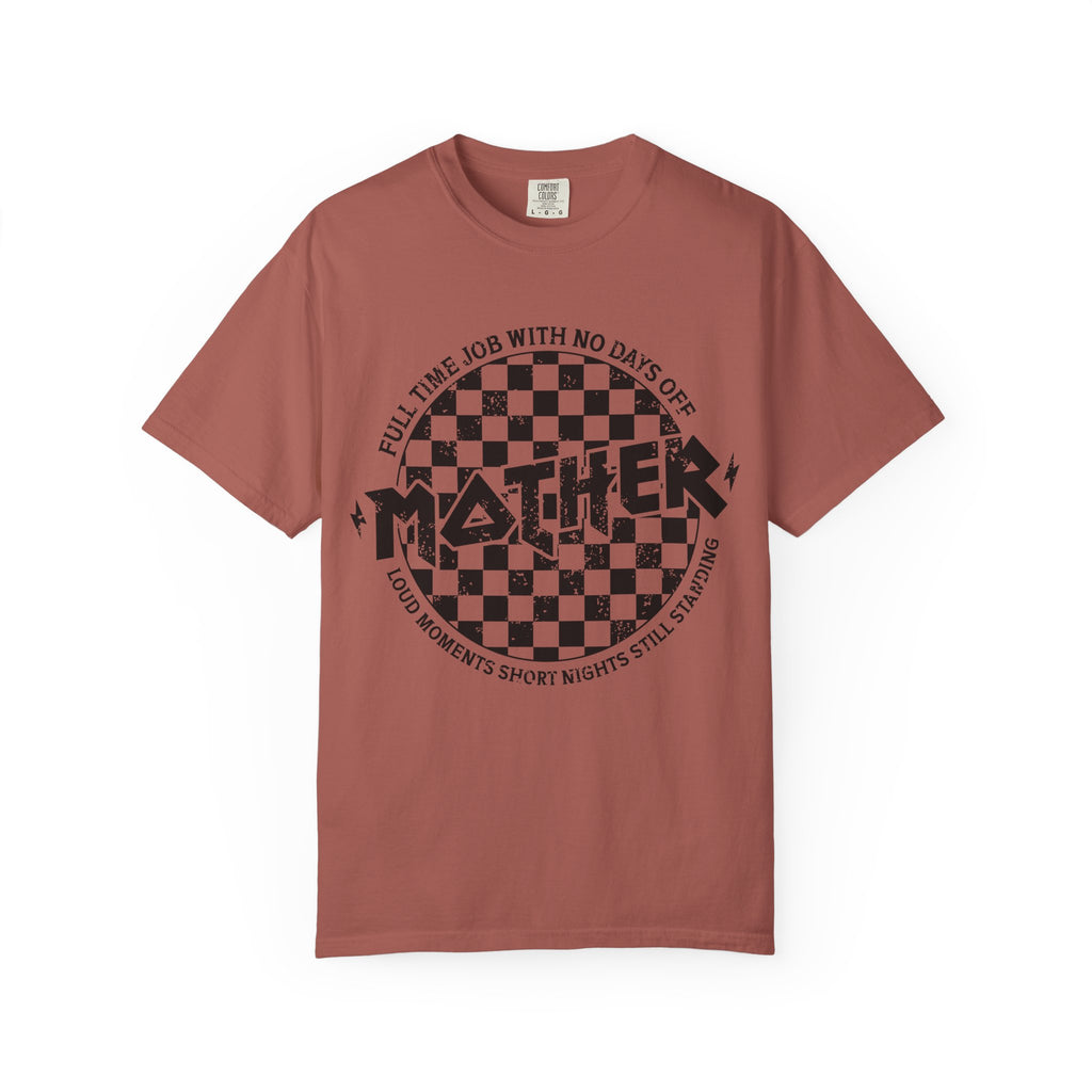 Mother Checkerboard Graphic Tee — "Mother" Band-Style Mom Shirt