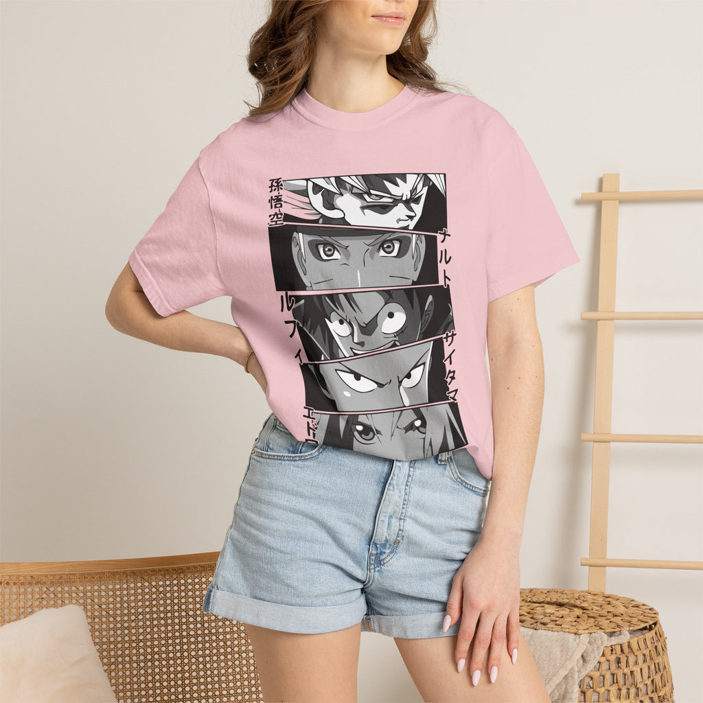 Anime Eyes Panel T-Shirt — Monochrome Shonen Character Collage