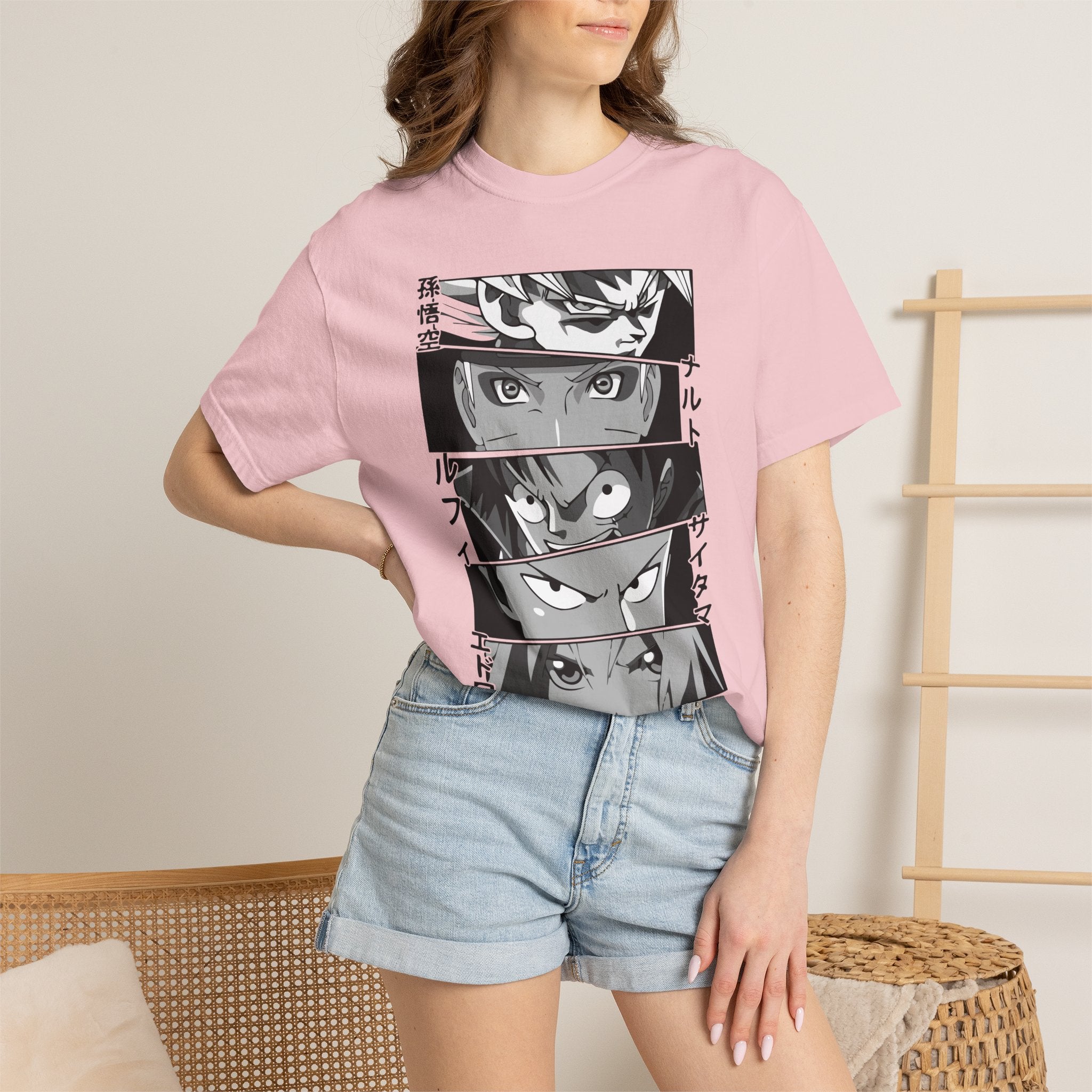 Anime Eyes Panel T-Shirt — Monochrome Shonen Character Collage