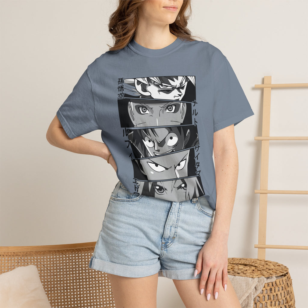 Anime Eyes Panel T-Shirt — Monochrome Shonen Character Collage