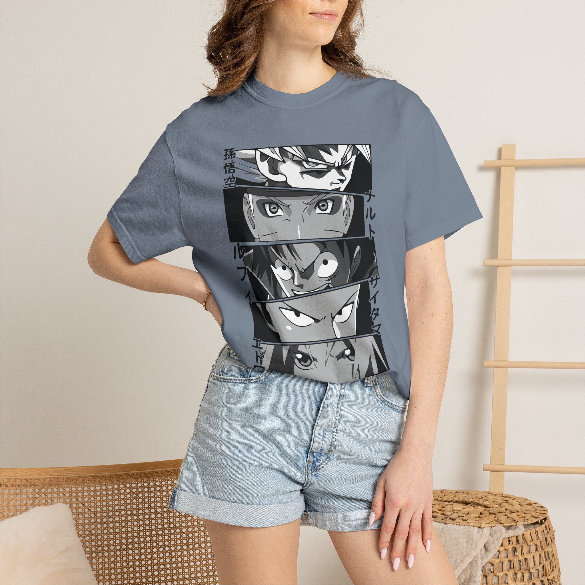 Anime Eyes Panel T-Shirt — Monochrome Shonen Character Collage