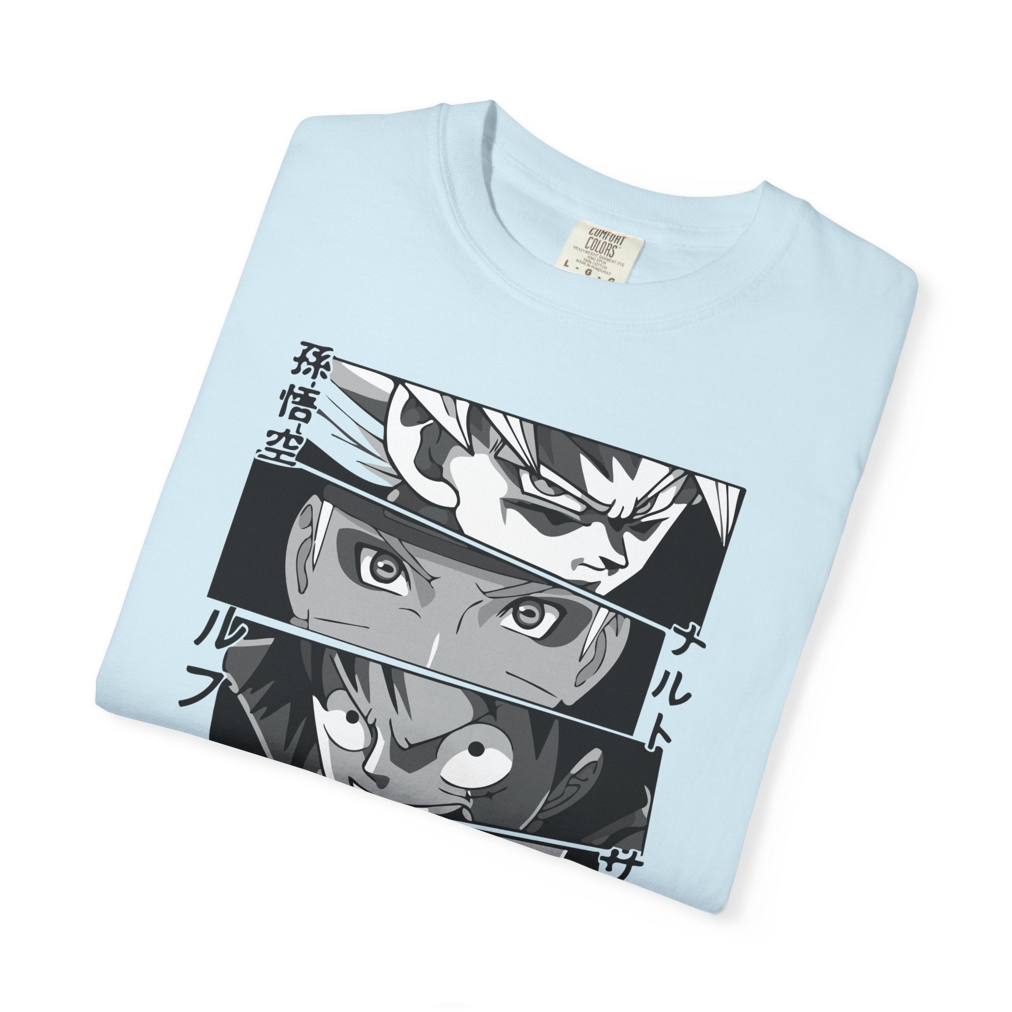 Anime Eyes Panel T-Shirt — Monochrome Shonen Character Collage