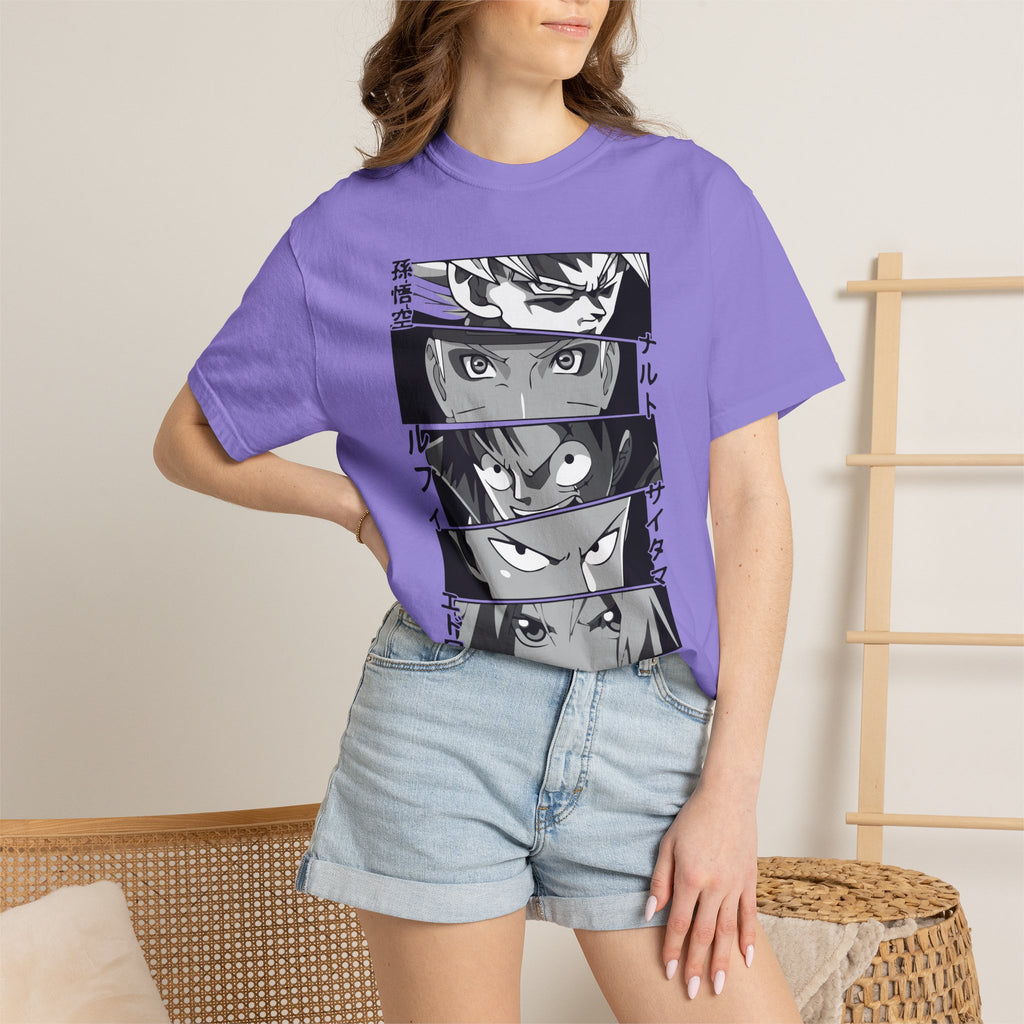 Anime Eyes Panel T-Shirt — Monochrome Shonen Character Collage