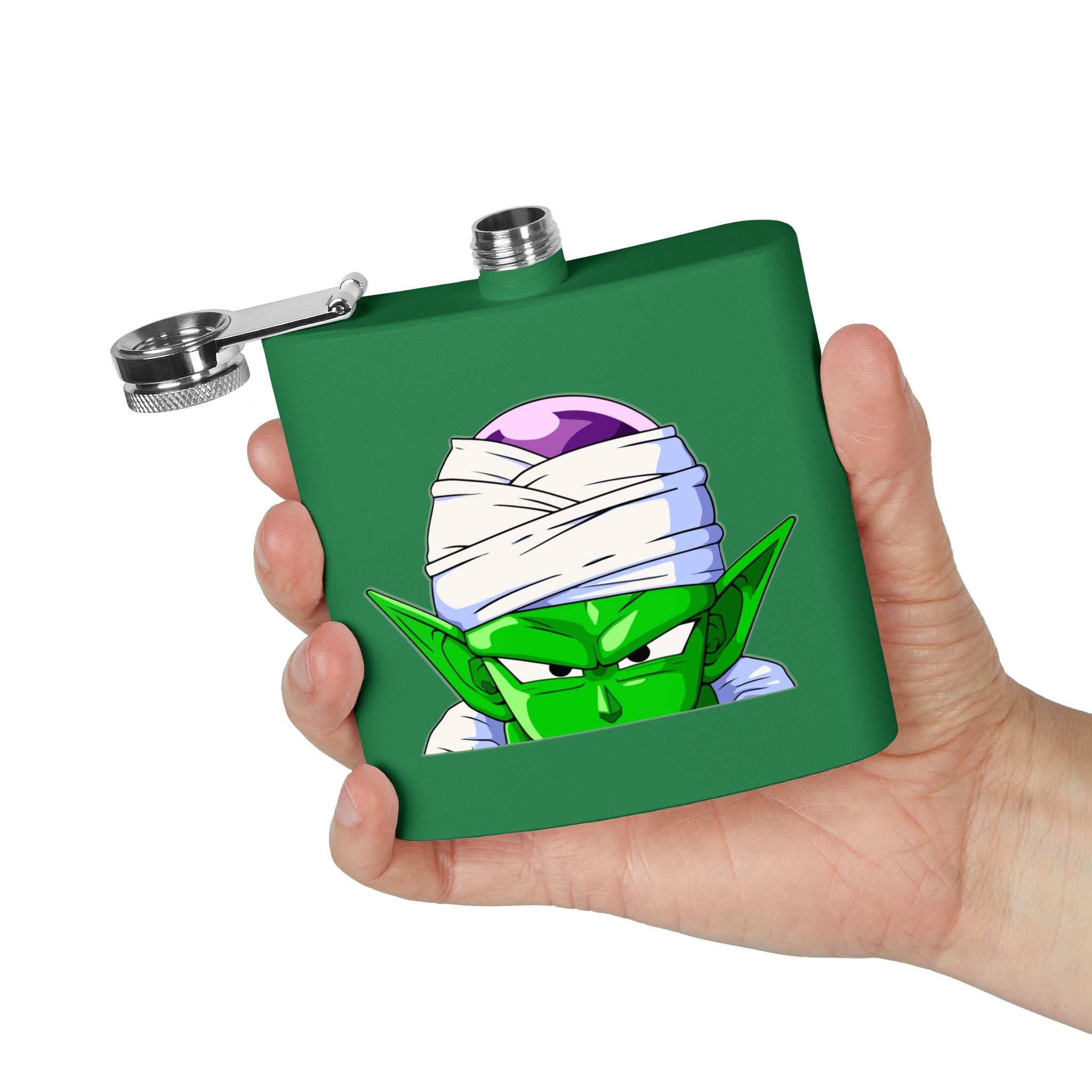6oz Stainless Steel Flask — Green Alien Warrior Face Design