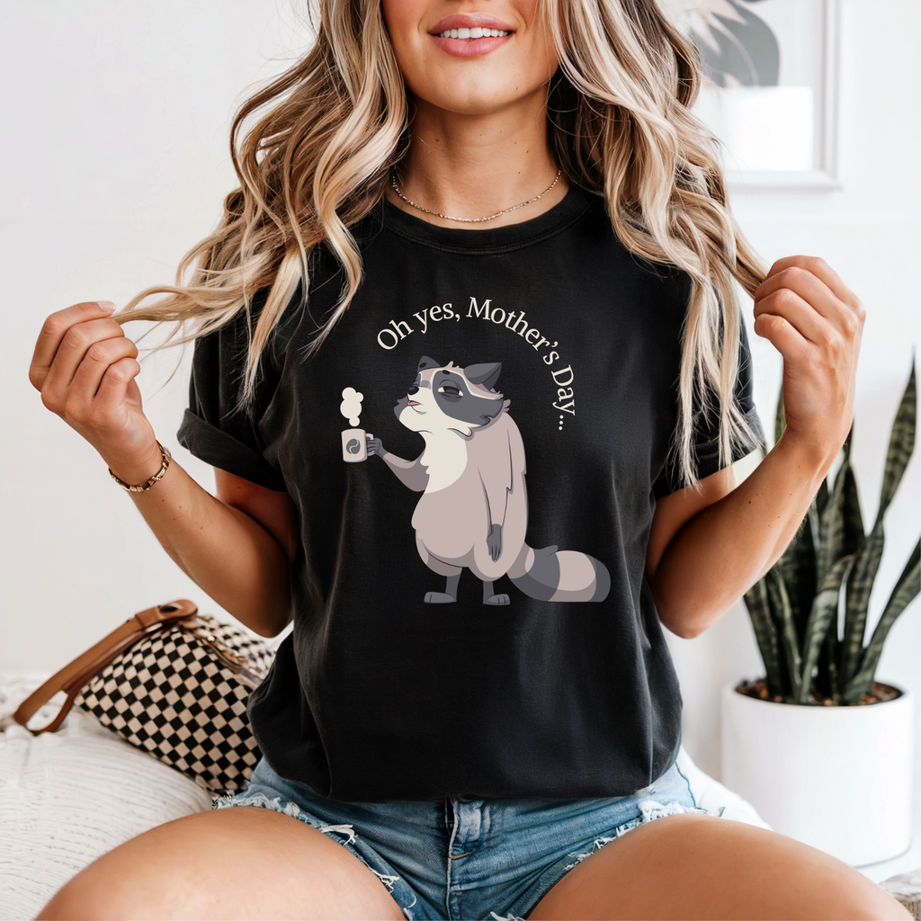 Raccoon Coffee Tee — Cute Grumpy Raccoon Holding Coffee T-Shirt
