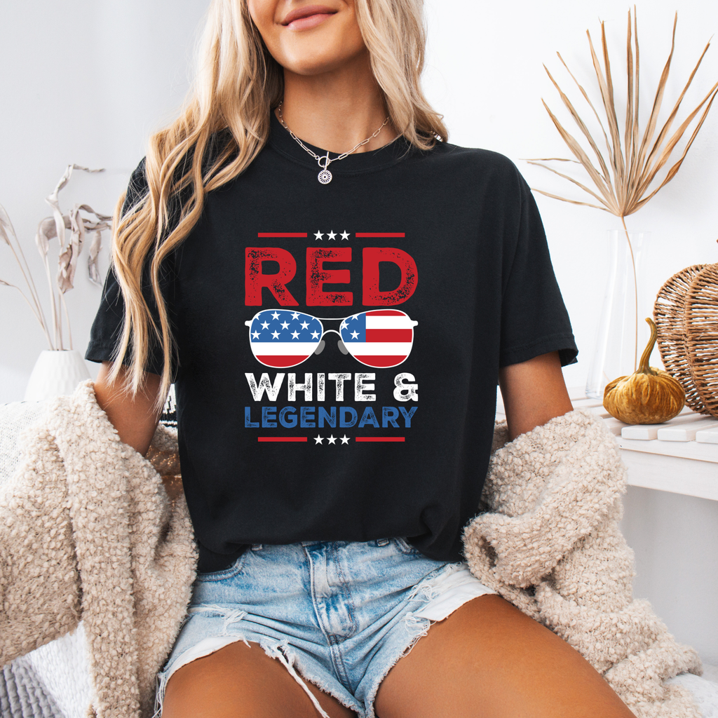 Patriotic T-Shirt — "Red White & Legendary" Sunglasses USA Tee for 4th of July
