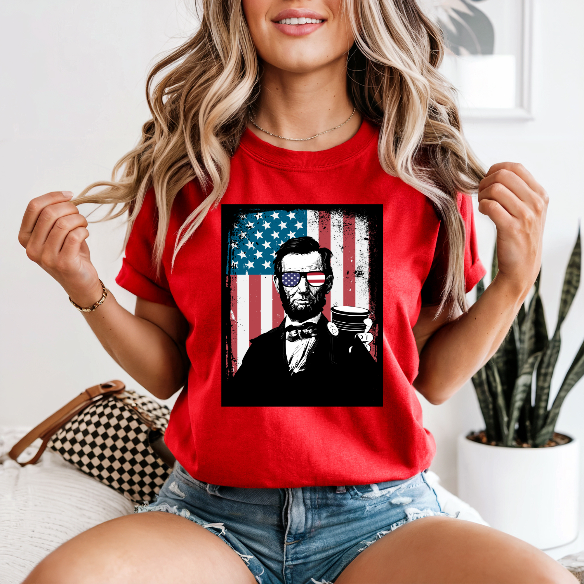 Abraham Lincoln American Flag T-Shirt — Patriotic 'USA' Sunglasses Graphic Tee