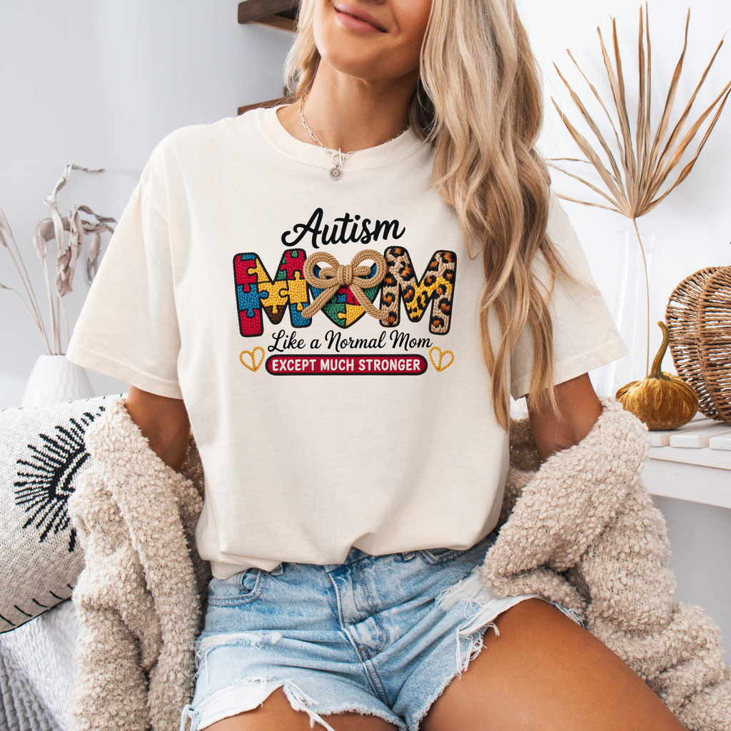 Autism Mom T-Shirt – "Like a Normal Mom Except Much Stronger" Puzzle & Leopard Design