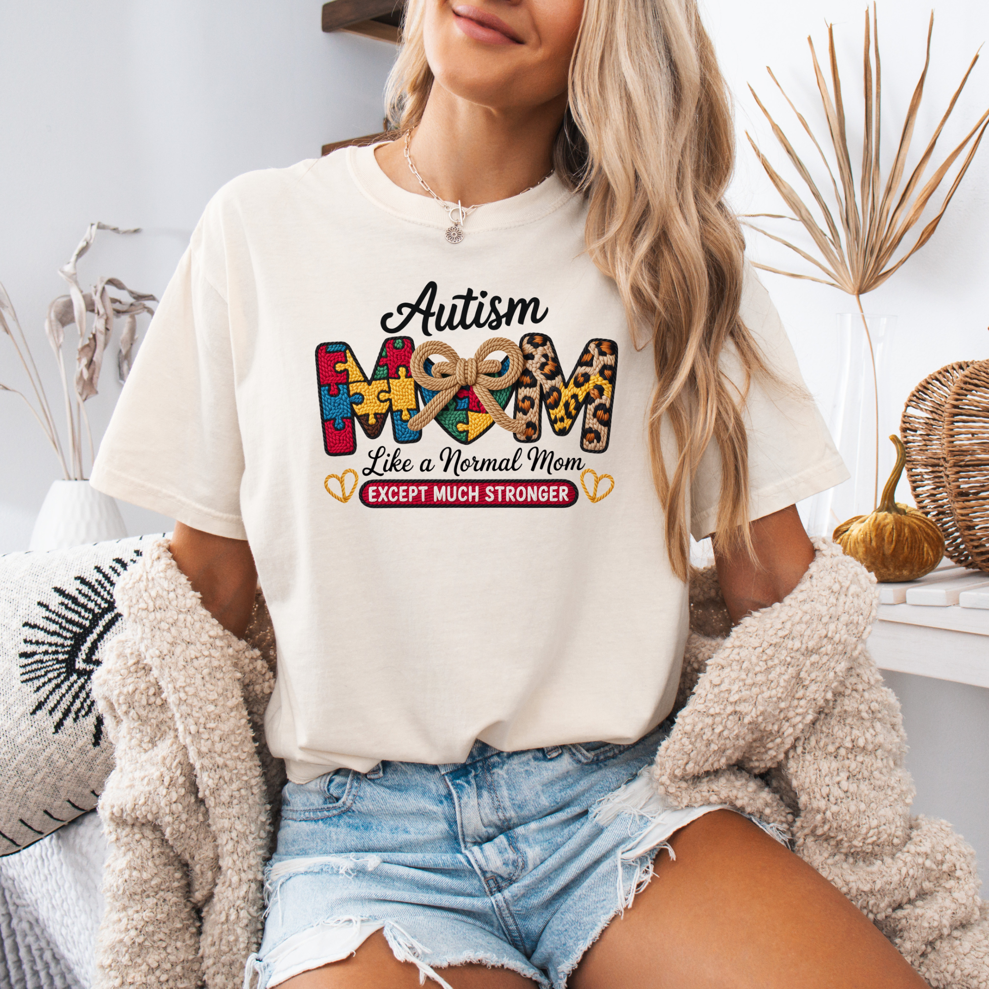Autism Mom T-Shirt – "Like a Normal Mom Except Much Stronger" Puzzle & Leopard Design