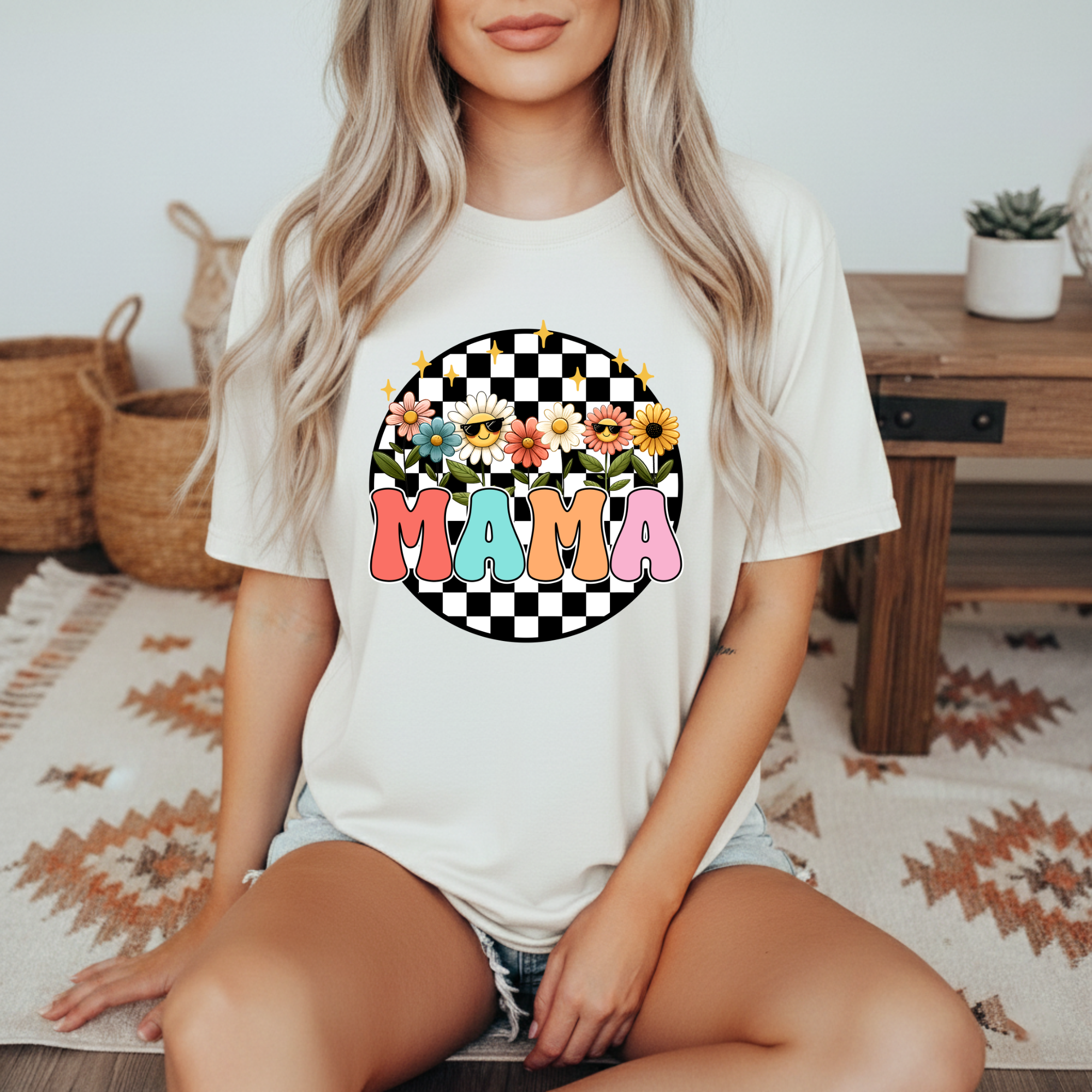 Mama Floral Checkerboard T-Shirt — Retro Sunflower Mom Tee (Mother's Day Gift)