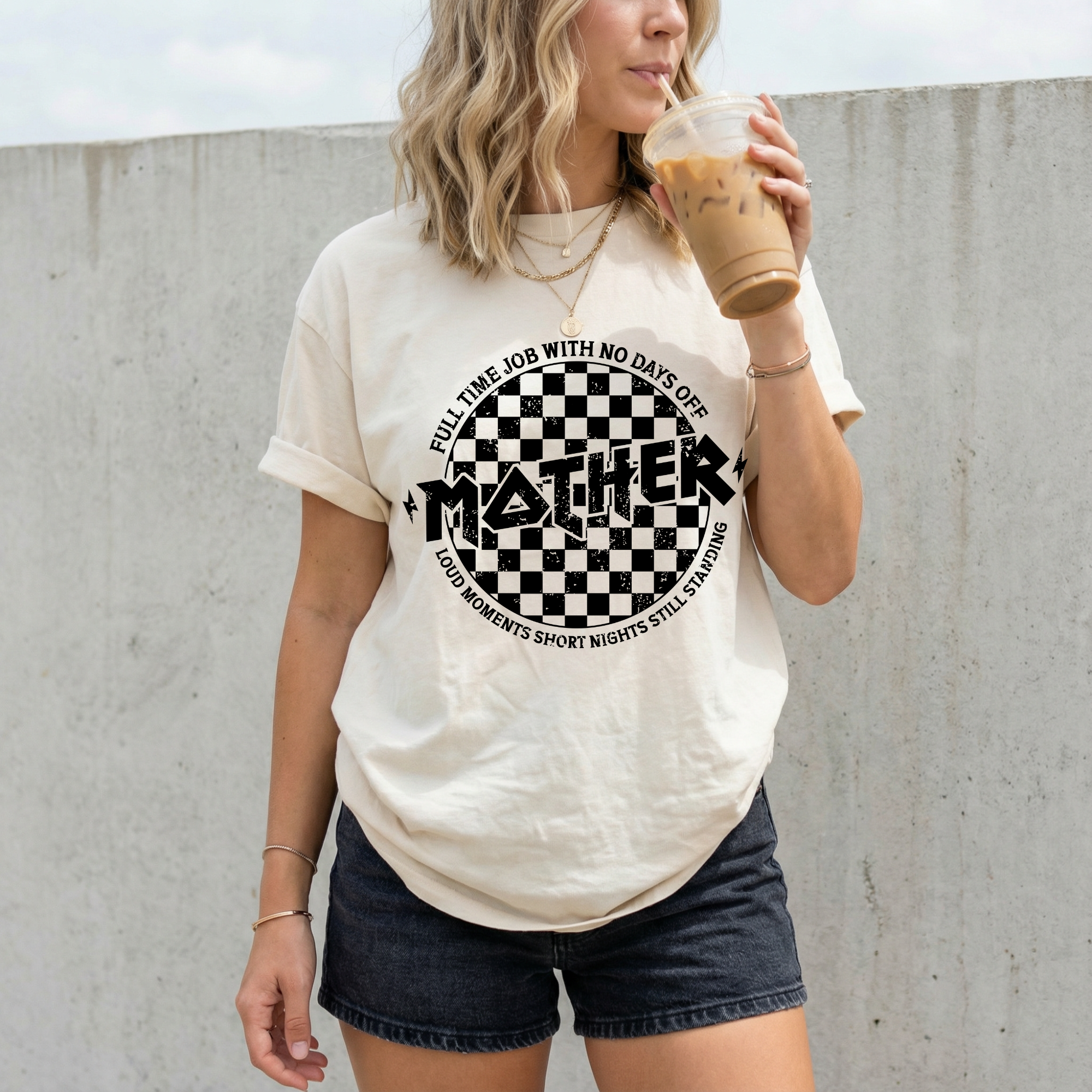 Mother Checkerboard Graphic Tee — "Mother" Band-Style Mom Shirt
