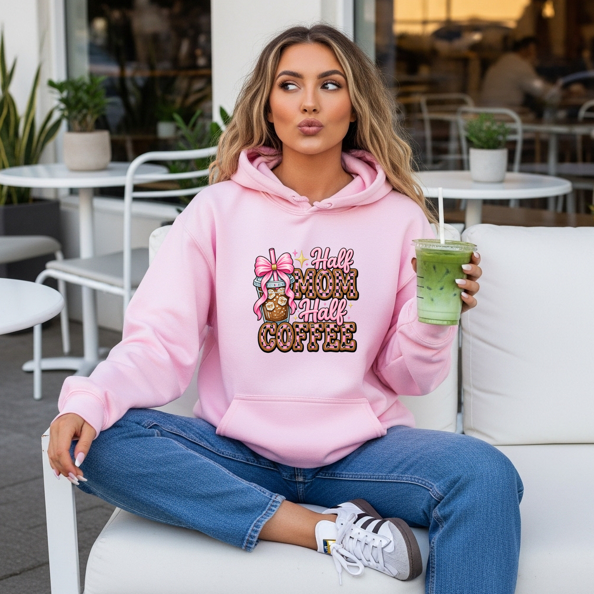 Coffee Lover Hoodie — "Half Mom, Half Coffee" Cute Donut & Bow Graphic