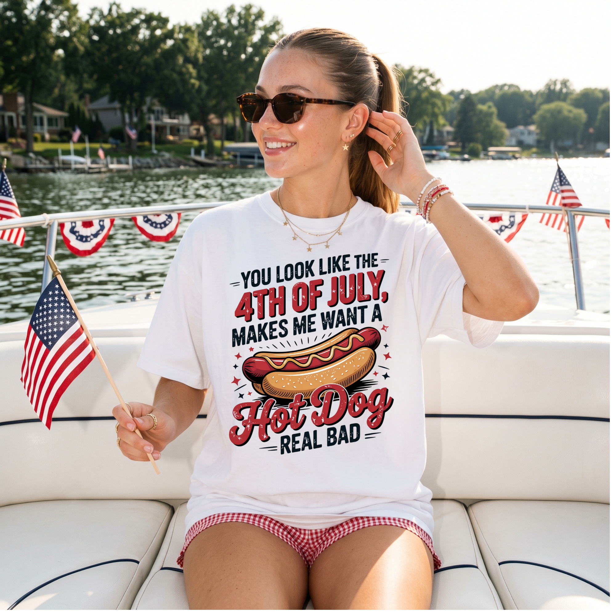 4th of July Hot Dog T-Shirt — 'You Look Like the 4th of July Makes Me Want a Hot Dog Real Bad' Patriotic BBQ Tee