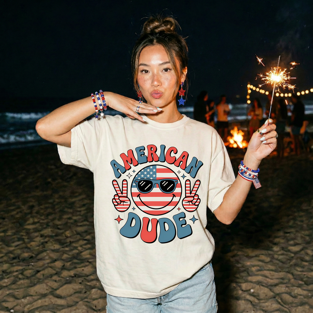 American Dude T-Shirt — Patriotic Retro Smiley Tee (4th of July)