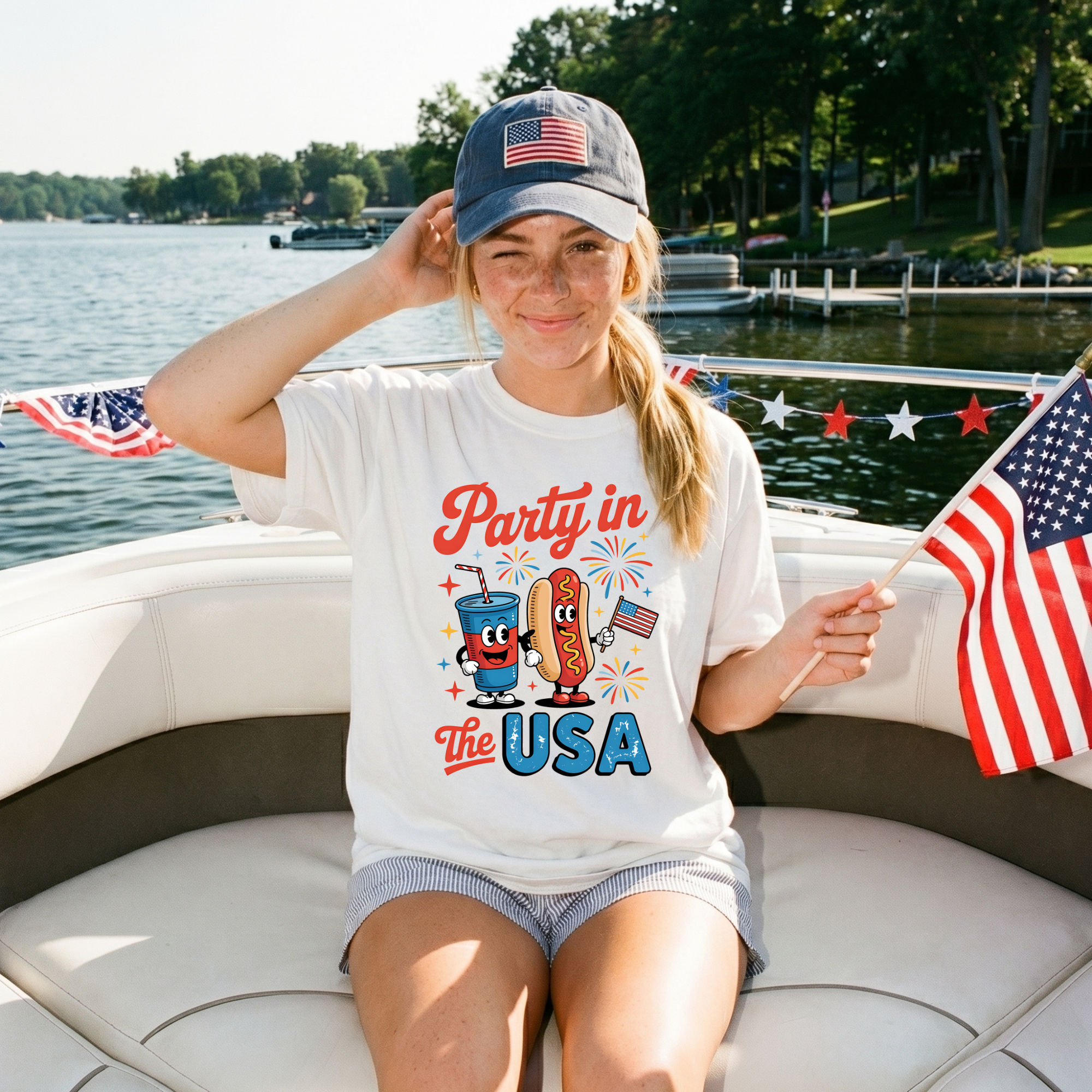 Party in the USA T-Shirt – Patriotic Hot Dog & Soda 4th of July Tee