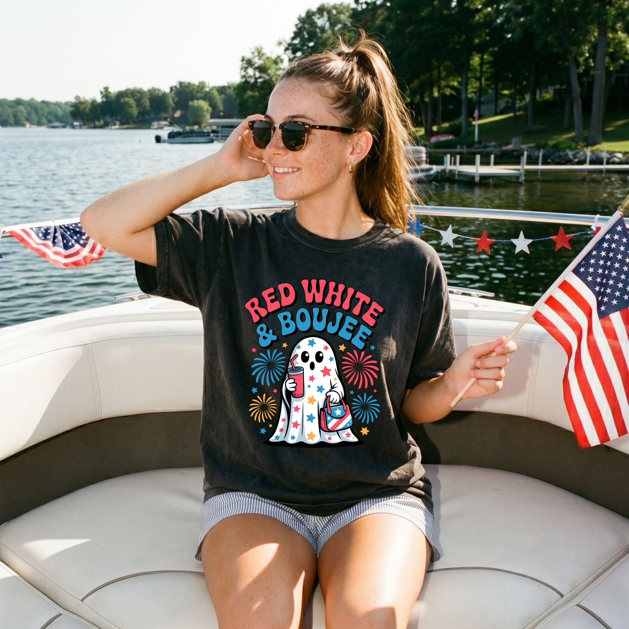 Patriotic Ghost Tee — "Red White & Boujee" 4th of July Graphic T-Shirt