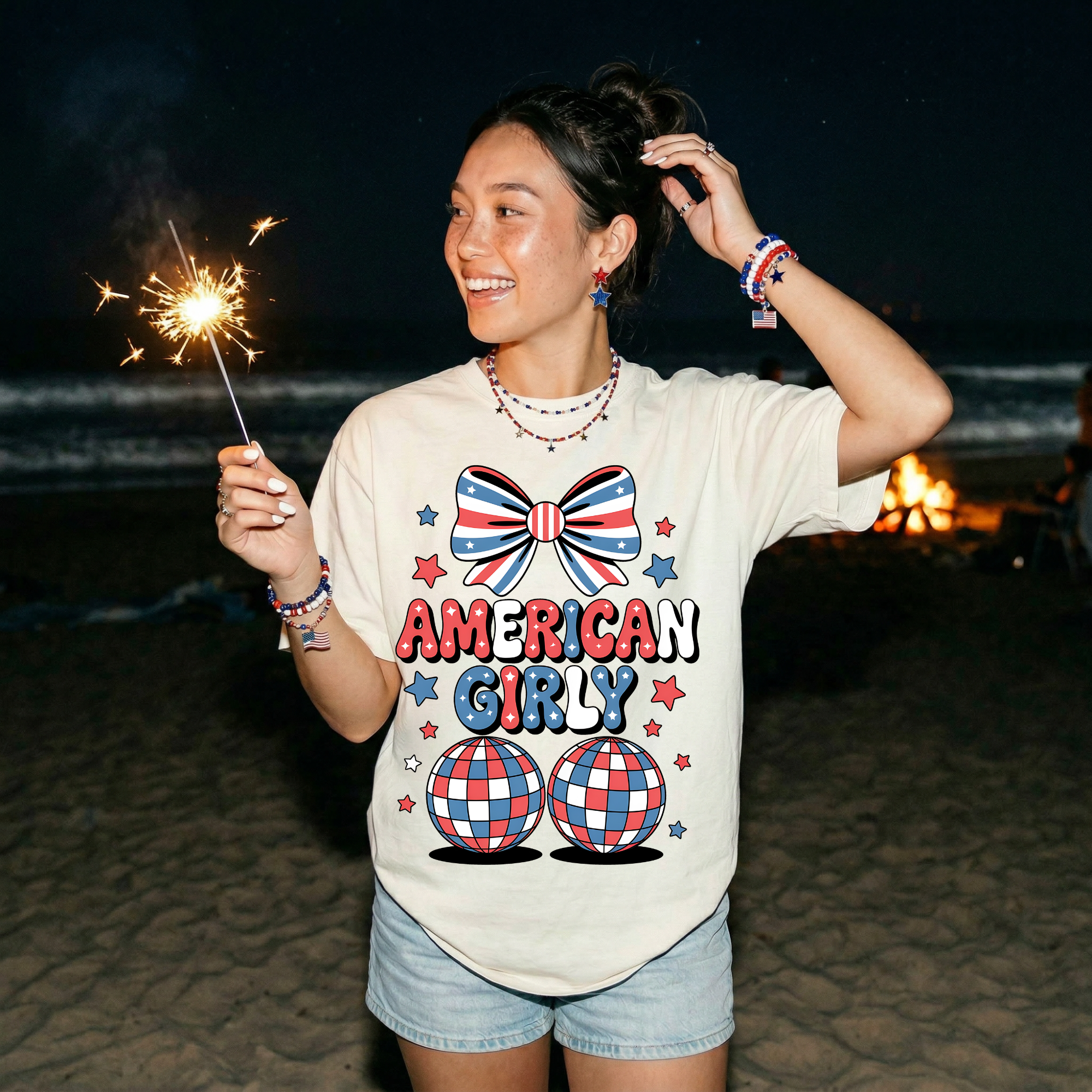 American Girly T-Shirt — Patriotic Red White Blue Bow & Disco Balls