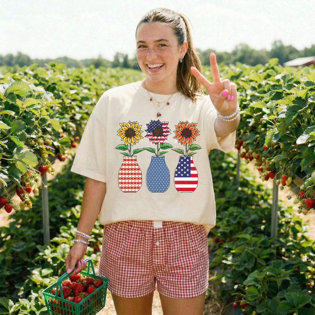 Patriotic Sunflower Tee — American Flag Vase Floral T-Shirt