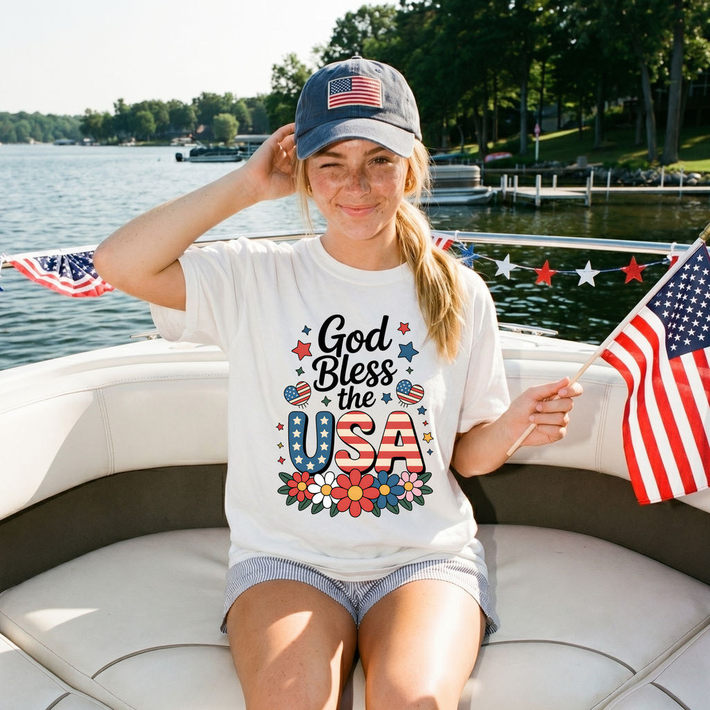 God Bless the USA T-Shirt — Patriotic Floral Independence Day Tee
