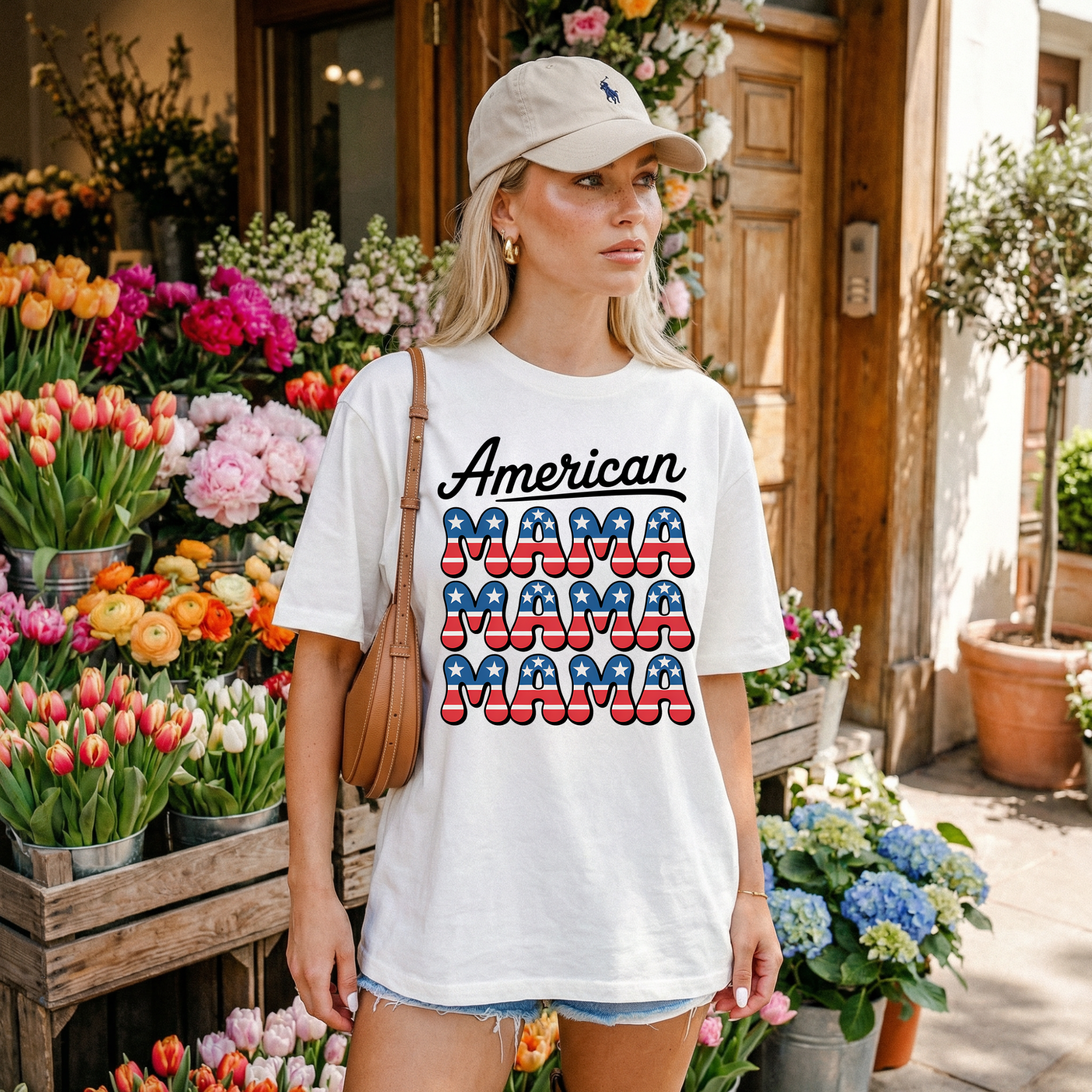 American Mama T-Shirt — Patriotic 4x "MAMA" Retro Flag Design