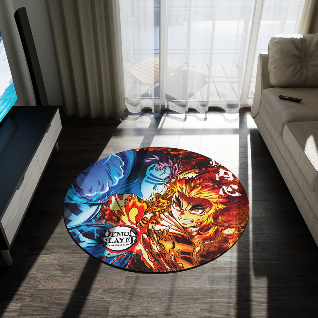 Demon Slayer Round Rug — Rengoku vs Akaza Anime Floor Mat