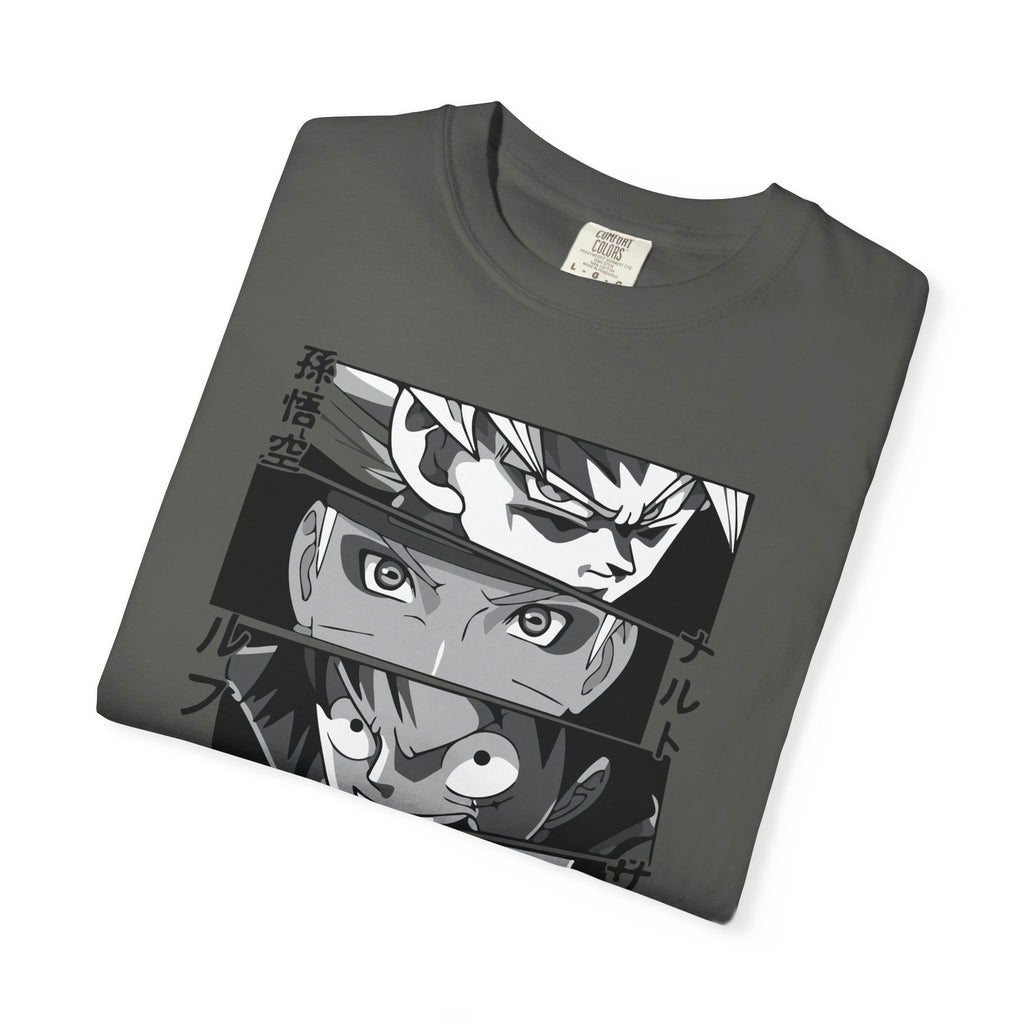 Anime Eyes Panel T-Shirt — Monochrome Shonen Character Collage