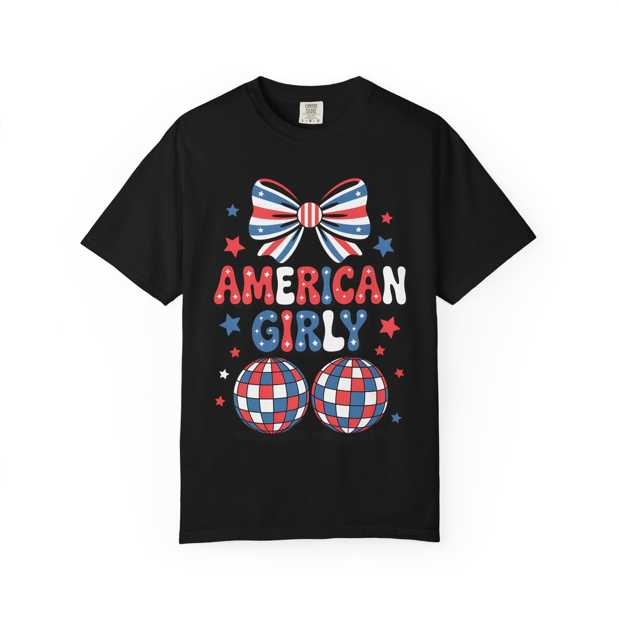 American Girly T-Shirt — Patriotic Red White Blue Bow & Disco Balls