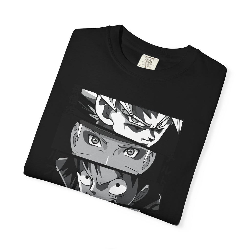 Anime Eyes Panel T-Shirt — Monochrome Shonen Character Collage