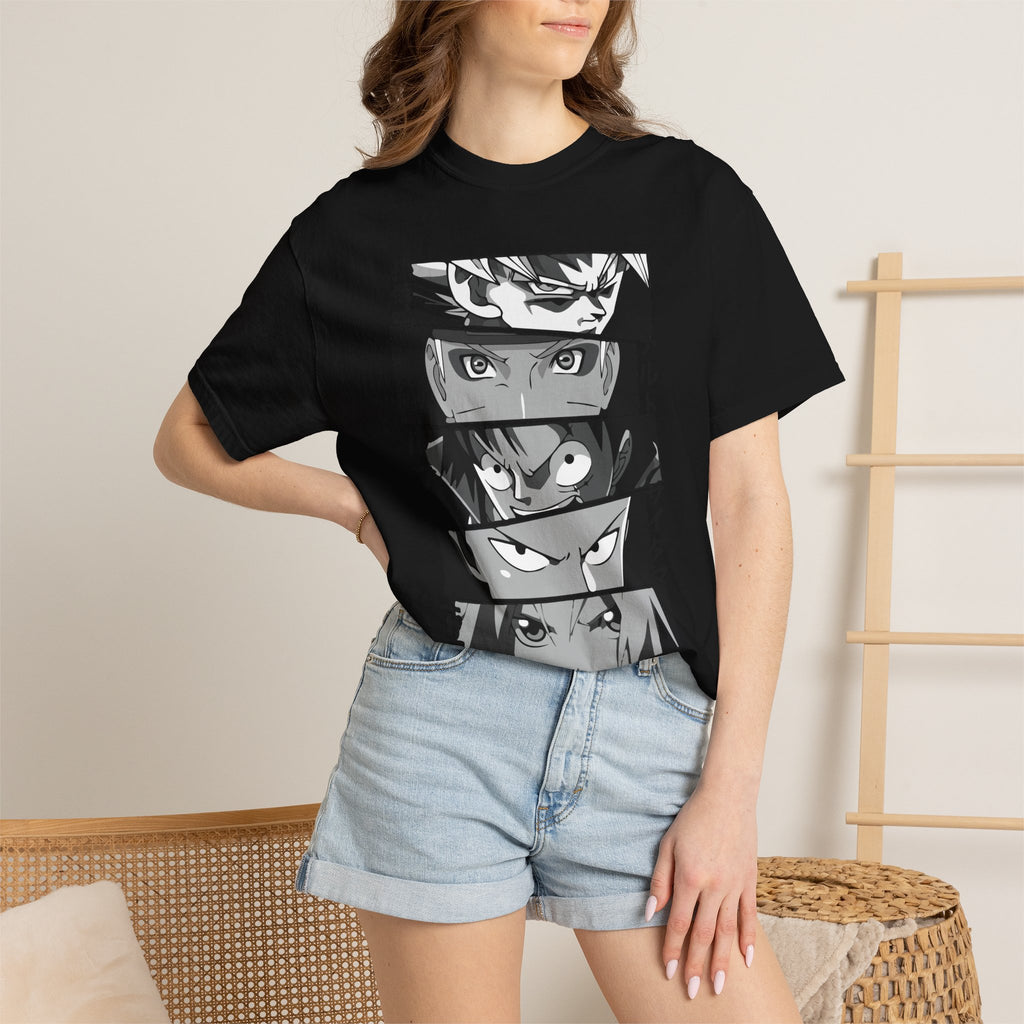 Anime Eyes Panel T-Shirt — Monochrome Shonen Character Collage